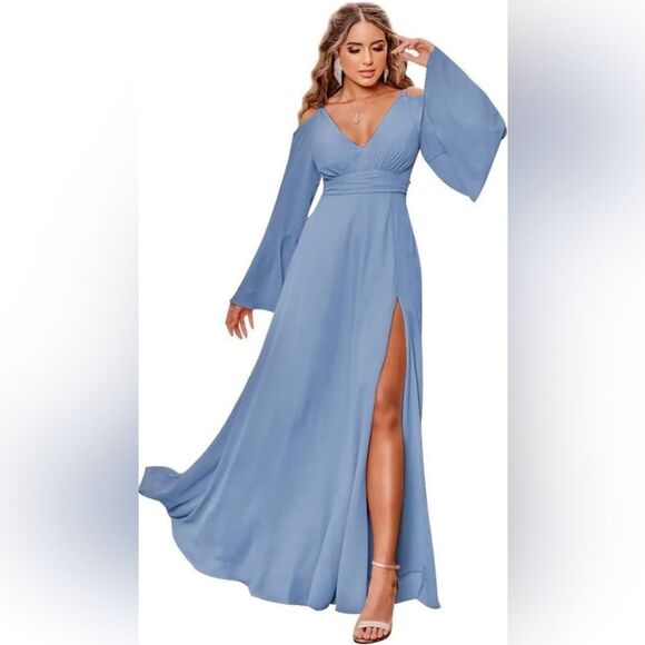 NWT Long Formal Chiffon Gown Dress w SLIT Flutter Sleeves V Neck Cold shoulder - Picture 1 of 7